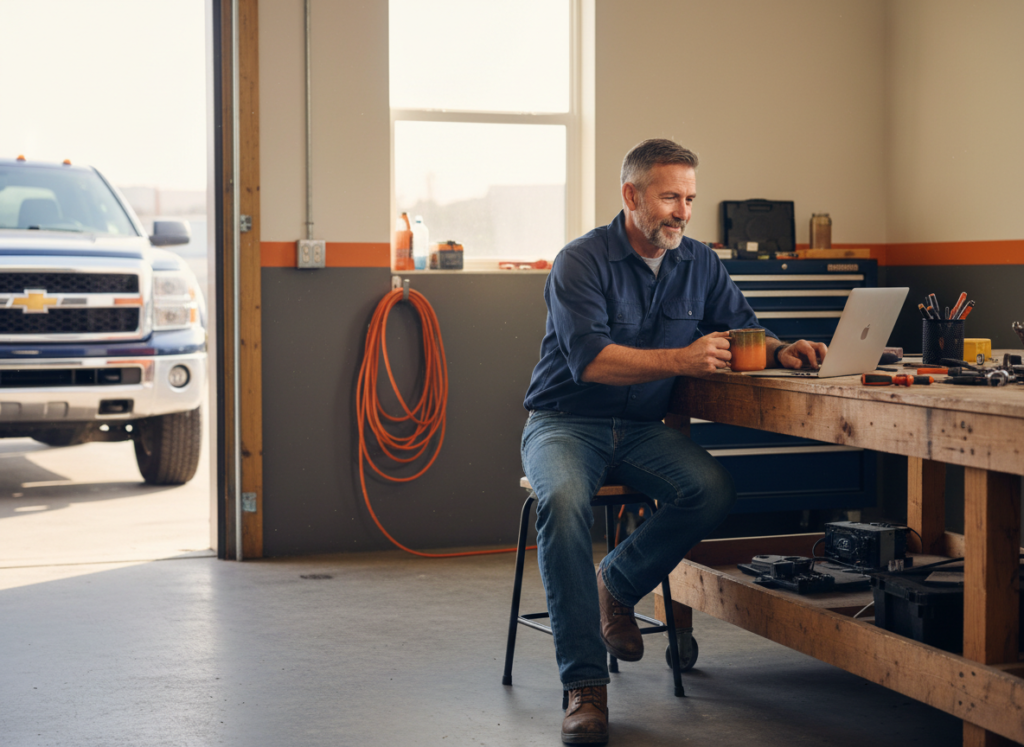 Arkansas small business owner working on a laptop in a workshop