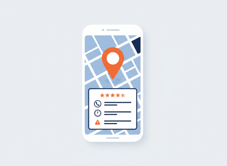 Illustration of a map with a business location pin and a listing panel showing a flagged change